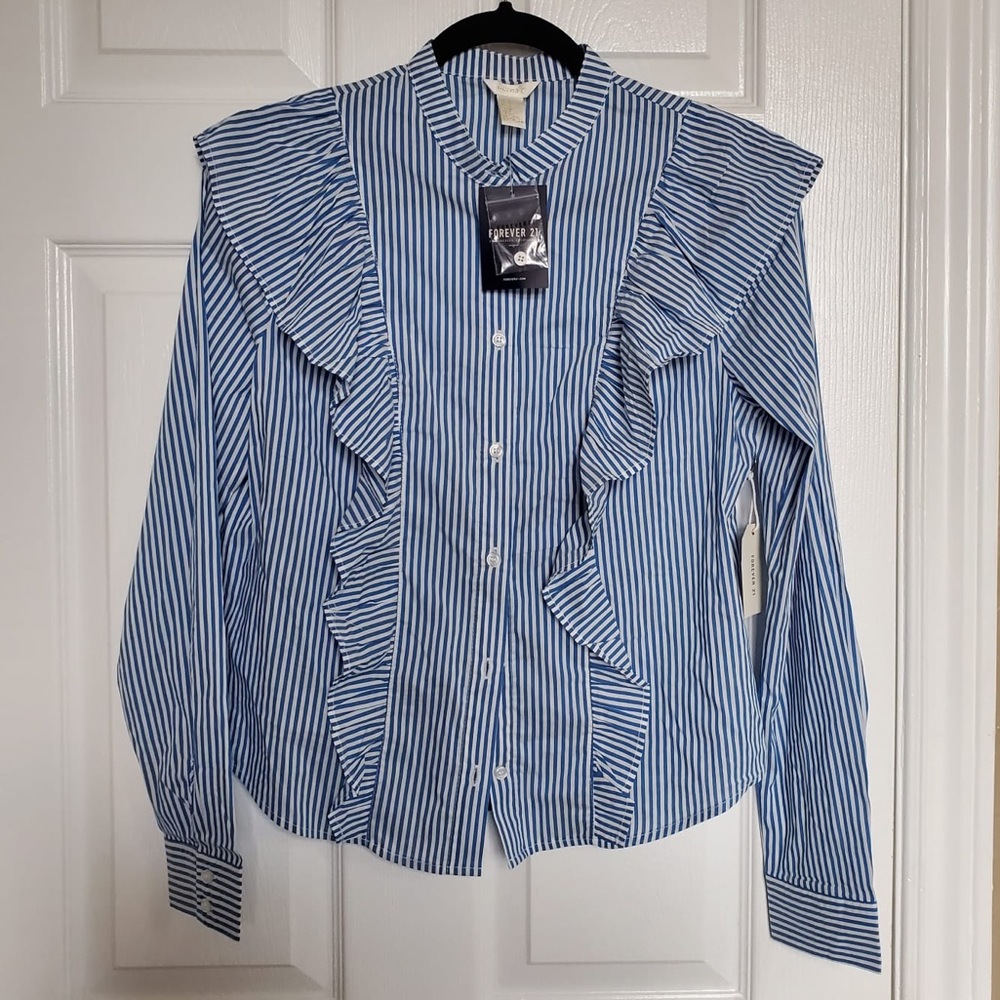 New blue and white striped frill blouse shirt